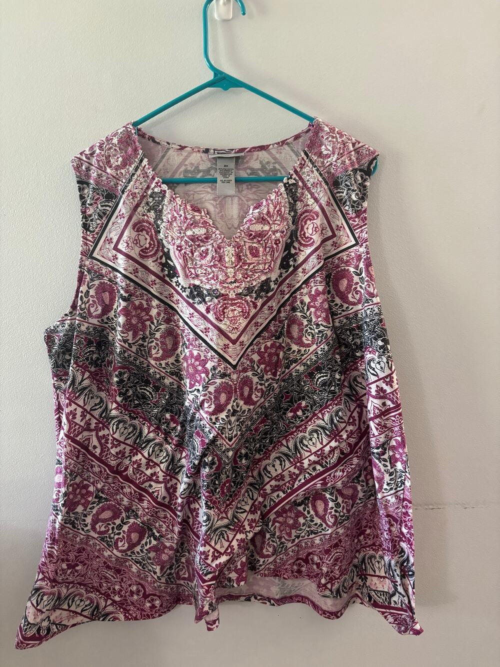 Catherines Womens Paisley Rhinestone Sleeveless Top Size 2X Purple Summer
